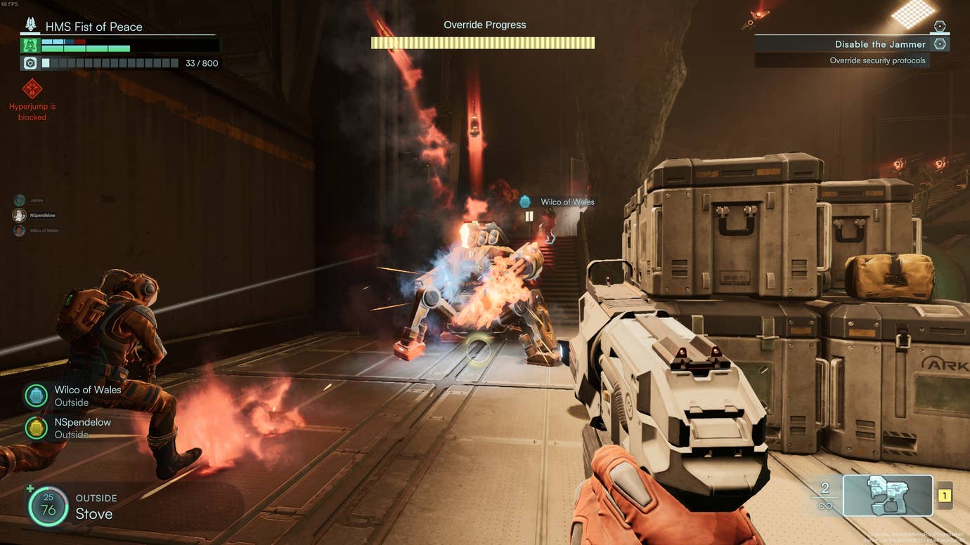 Shooting a big robot to bits in the Jump Ship demo.